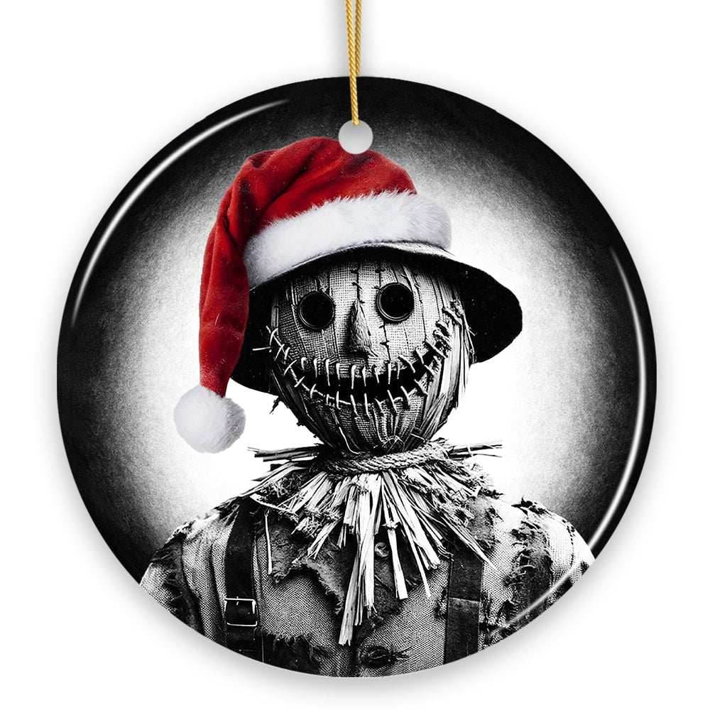 Nightmarish Scarecrow with Santa Hat Ornament, Gift For Unique Halloween Tree Christmas Decor - Circle