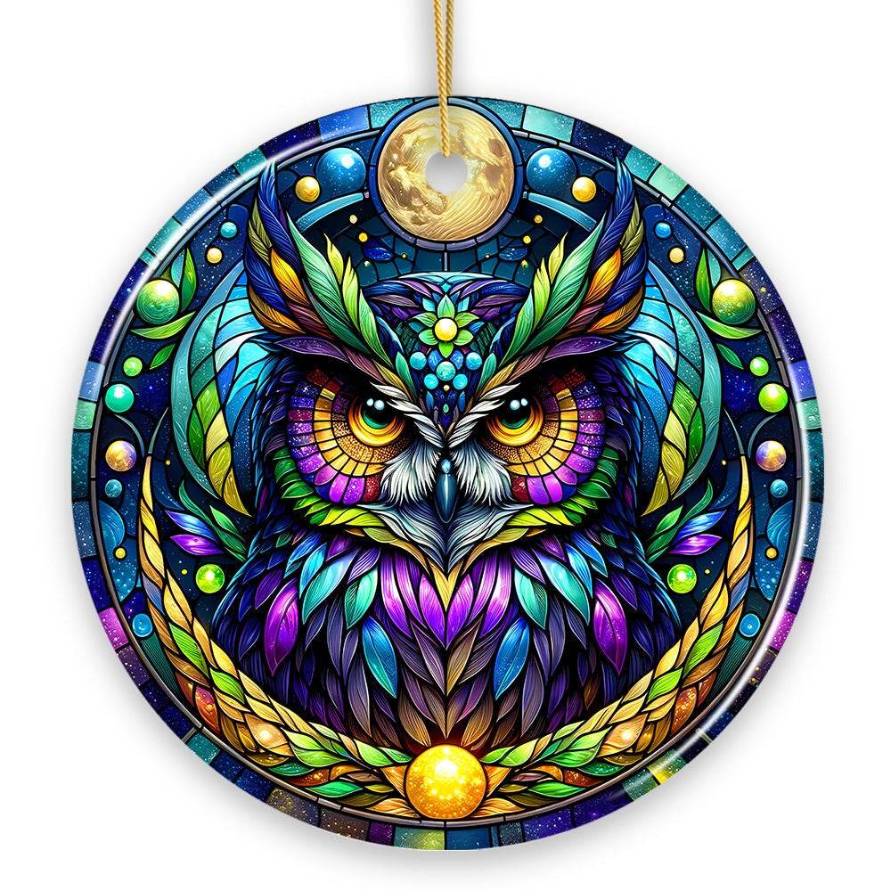 Nocturnal Enchanter Mysterious Owl Stained Glass Style Ceramic Ornament, Halloween Themed Christmas Gift and Decor - Circle