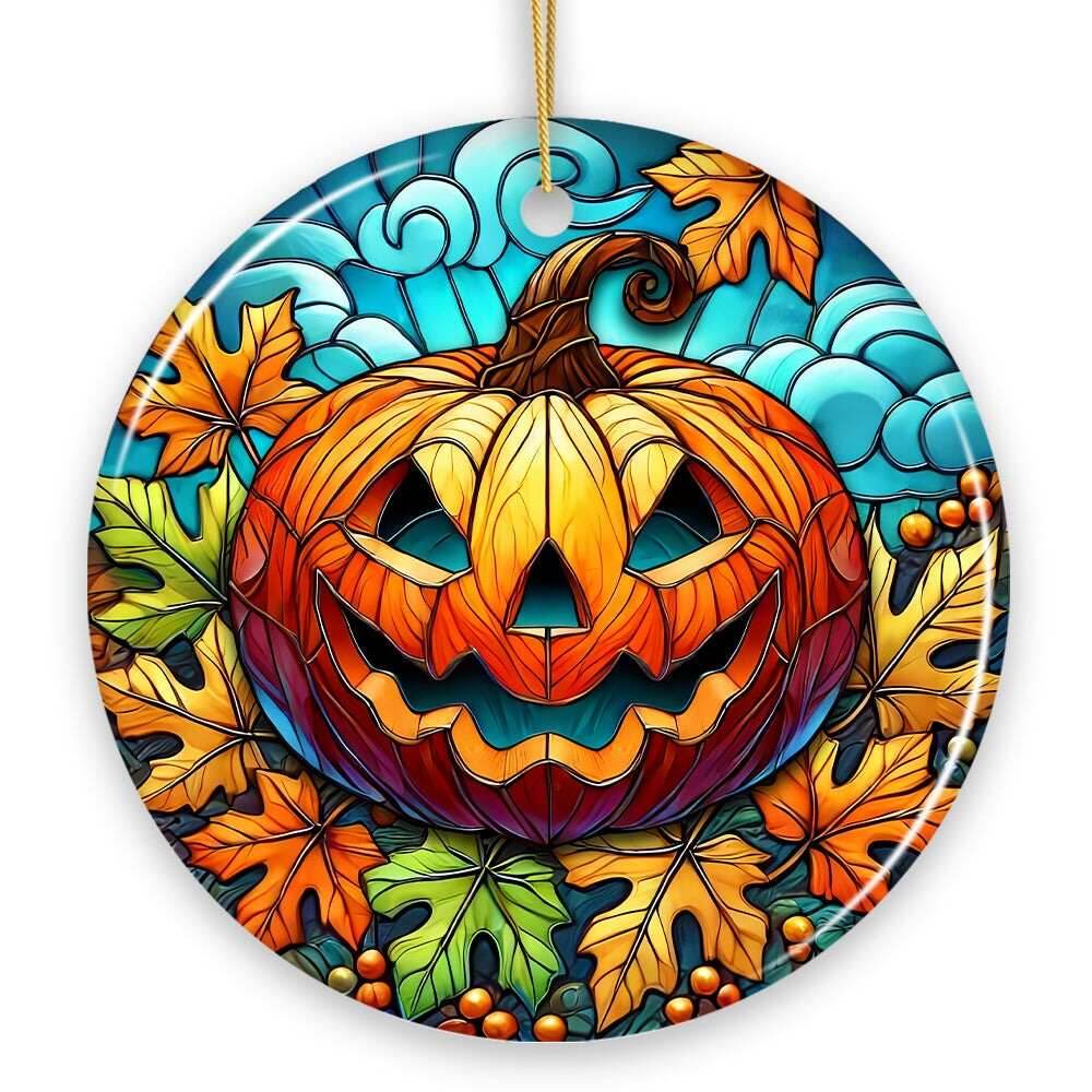 Pumpkin Spice and Crispy Leaves Stained Glass Style Ceramic Ornament, Halloween Themed Christmas Gift and Decor - Circle