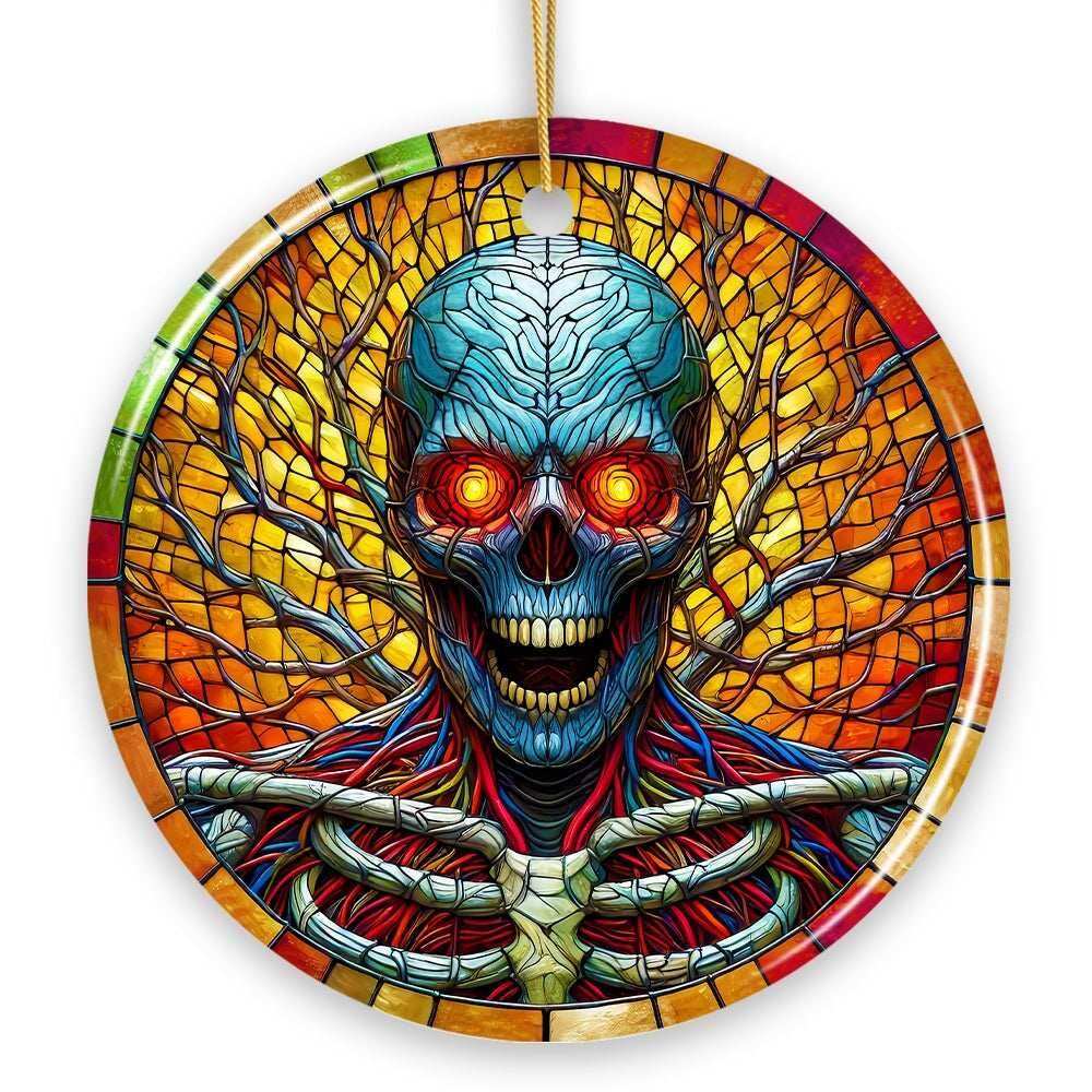 Red-Eyed Skeleton for Halloween Frights Stained Glass Style Ceramic Ornament, Halloween Themed Christmas Gift - Circle