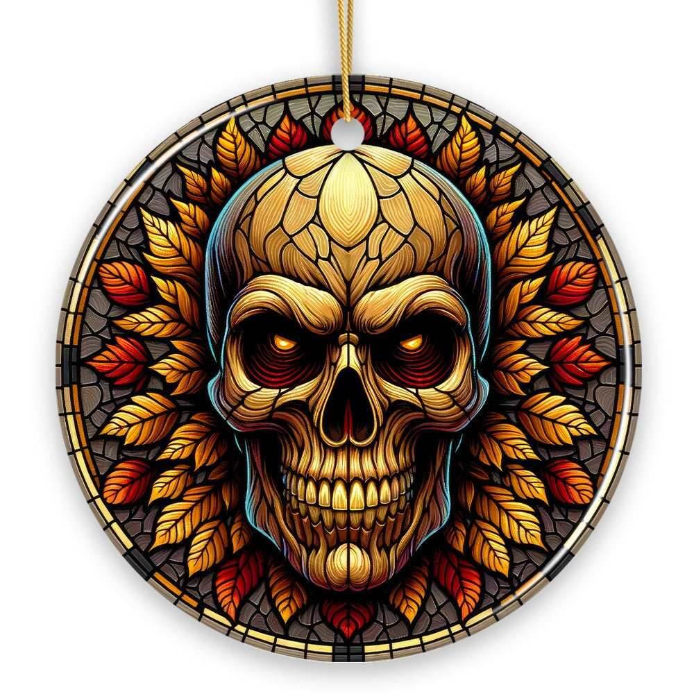 Spine-Chilling Haunting Skull Stained Glass Style Ceramic Ornament, Halloween Themed Christmas Gift and Decor - Circle