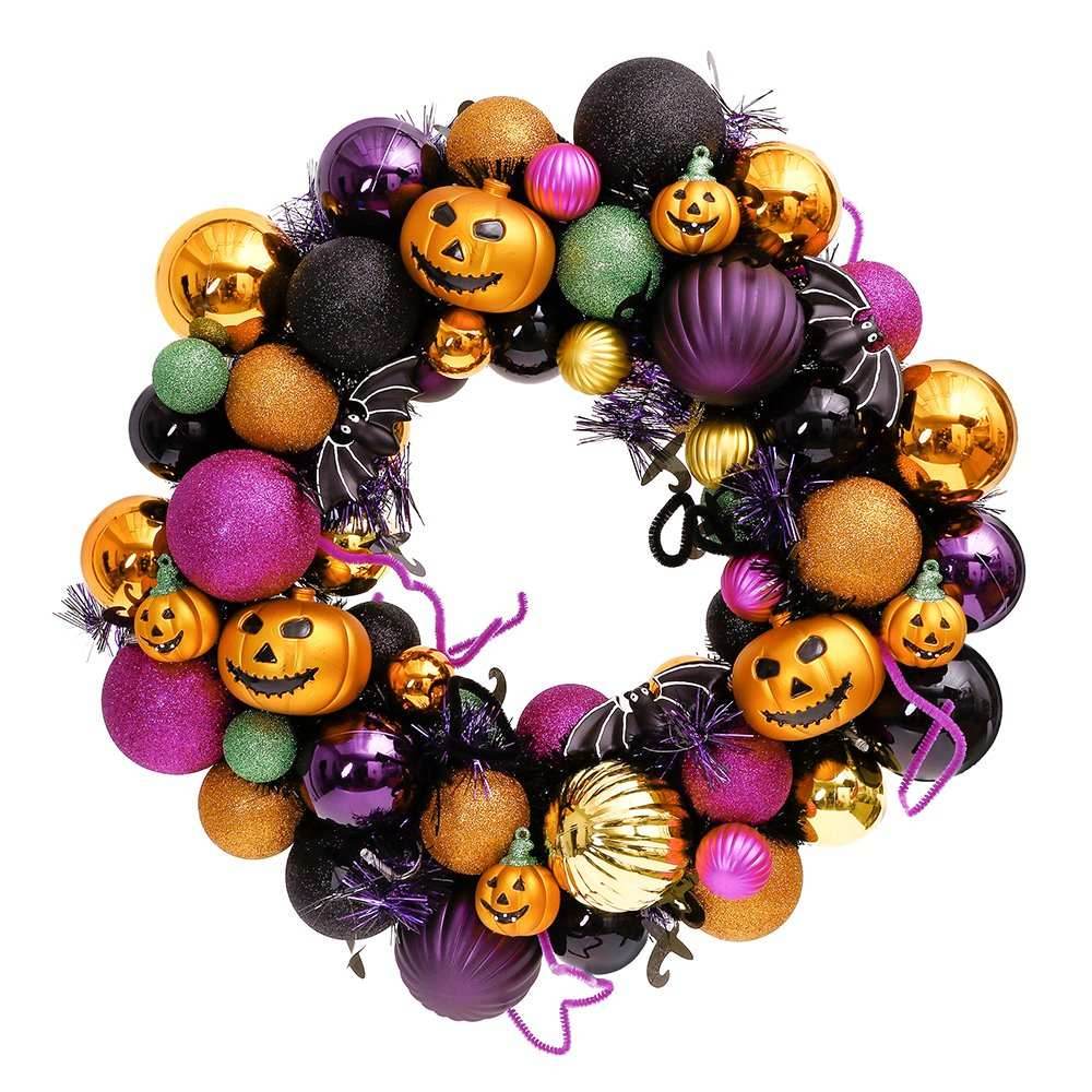 Spooktacular Halloween Ornament Bauble Wreath, Spooky Door or Home Decoration with Pumpkins, Bats, Spiders - 