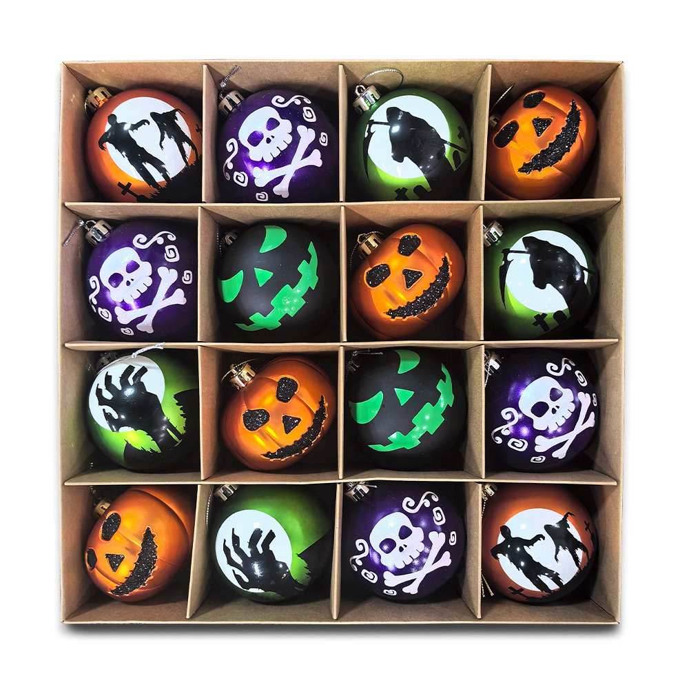The Face of Spooky Horror 16 Piece Ornament Shatterproof Bundle Set, Halloween Pumpkin, Zombie, and Goblin - 