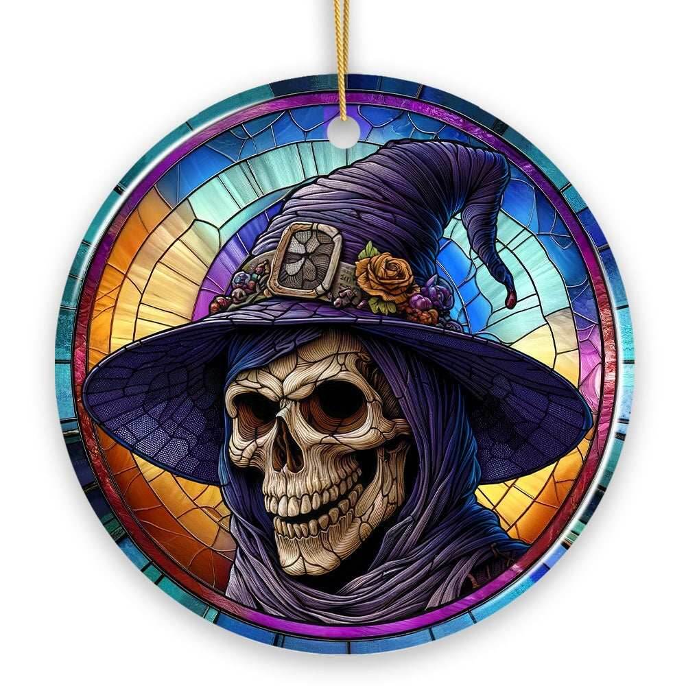 Witchy Grin Skull with Hat and Scarf Stained Glass Style Ceramic Ornament, Halloween Themed Christmas Gift and Decor - Circle