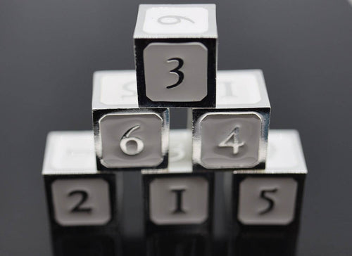 6 piece Metal D6's - White and Silver - 
