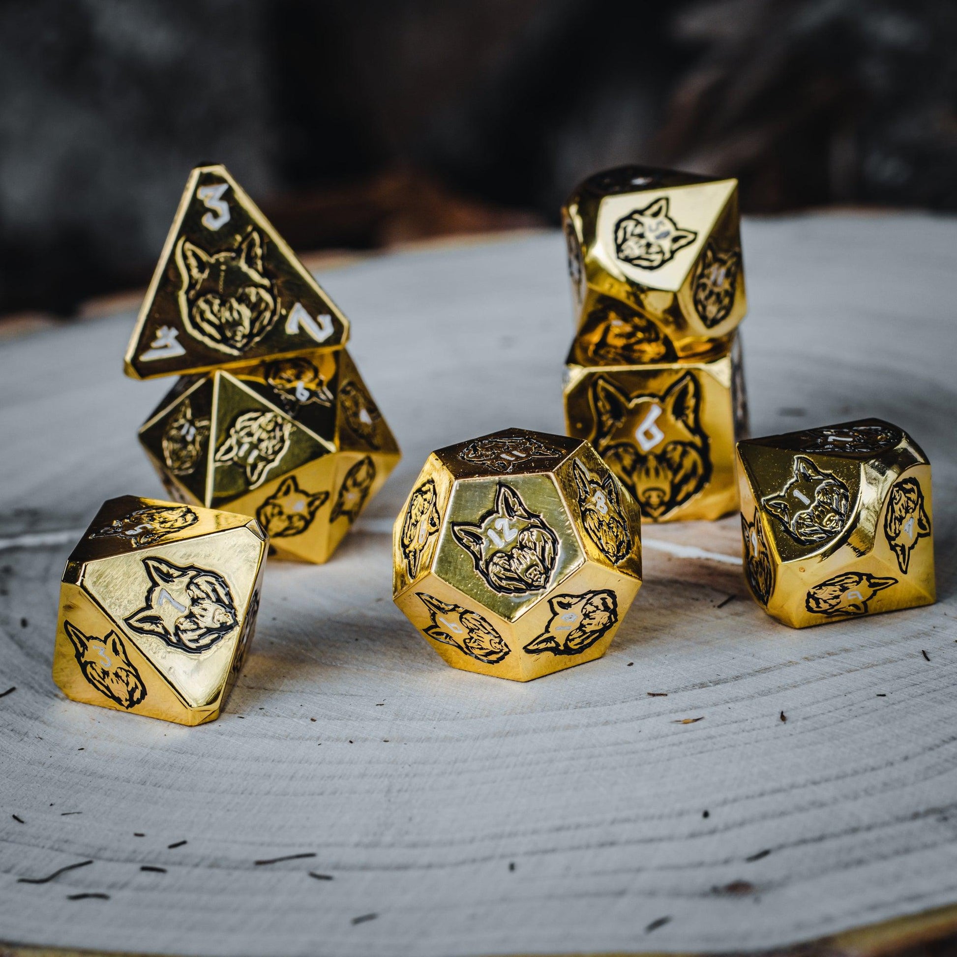 Wolves' Den White, Black, and Gold Metal Dice Set