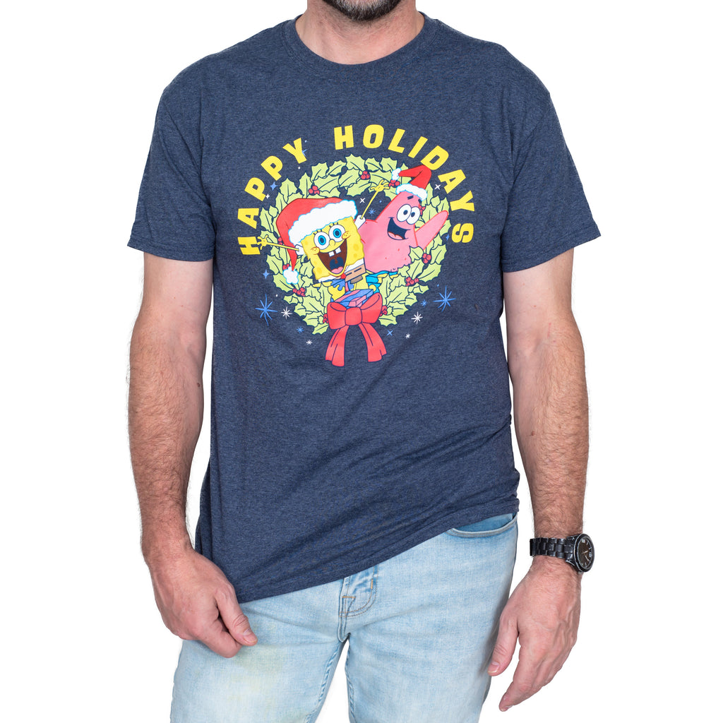 Mad Engine SpongeBob and Patrick Wreath Joy Happy Holidays Short Sleeve Christmas T-Shirt