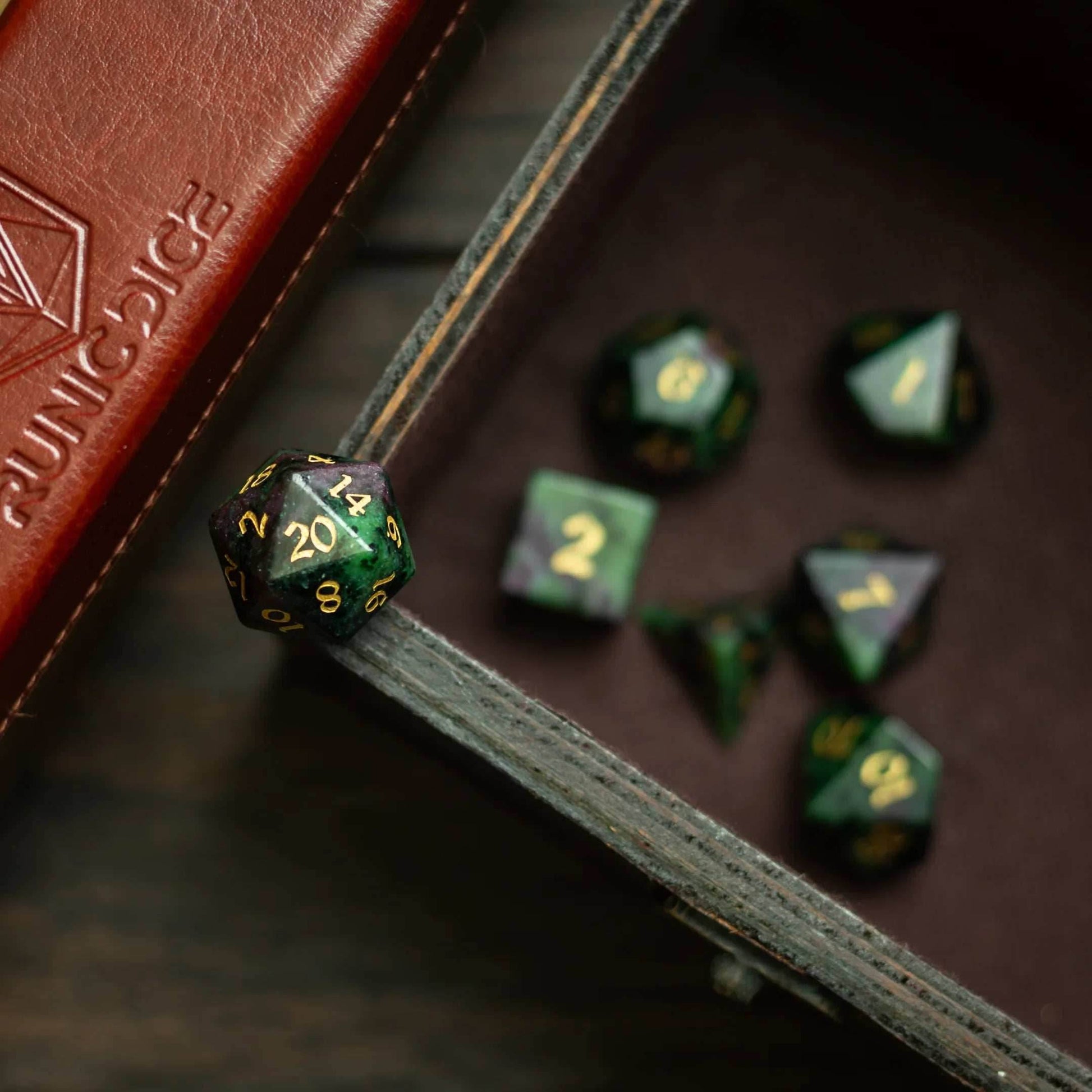 Zoisite Polyhedral Gemstone DND Dice Set - Full Set And Free Dice Box