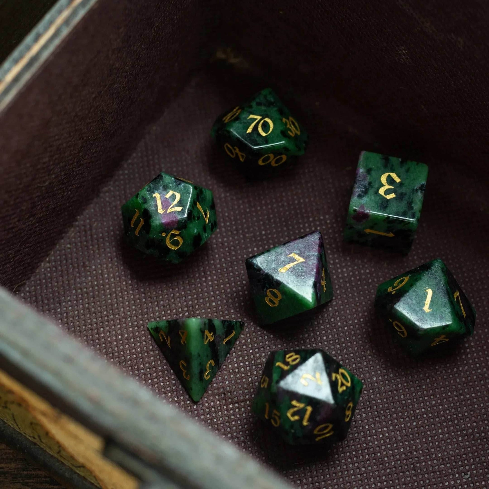 Zoisite Polyhedral Gemstone DND Dice Set - Full Set And Free Dice Box