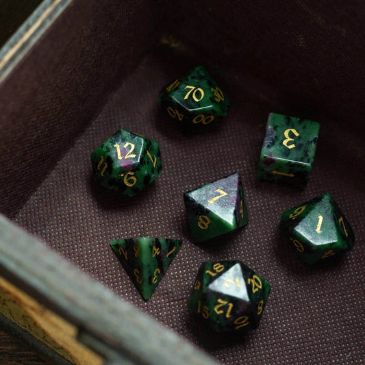 Zoisite Polyhedral Gemstone DND Dice Set - Full Set And Free Dice Box