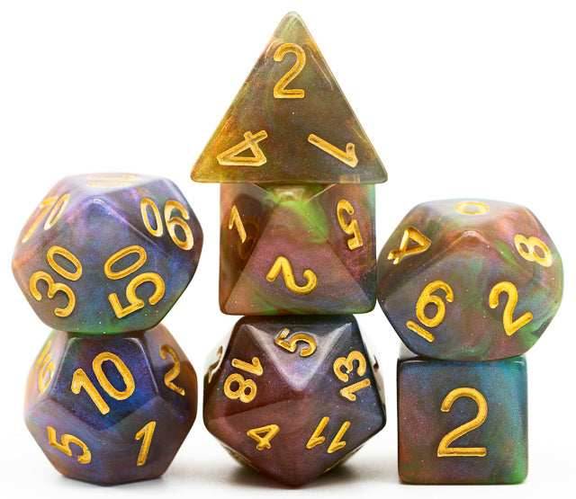 Purple & Green w/gold Galaxy Glitter 7-Dice Set RPG - 