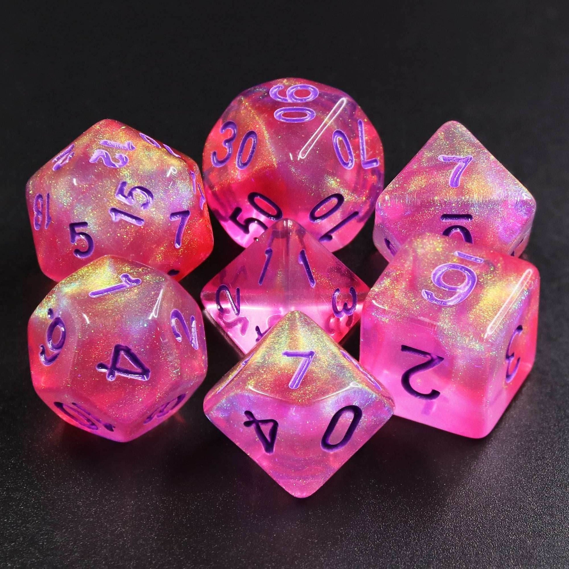 Cheshire Glitter Pink with Purple Numbering 7-Dice Set RPG - 