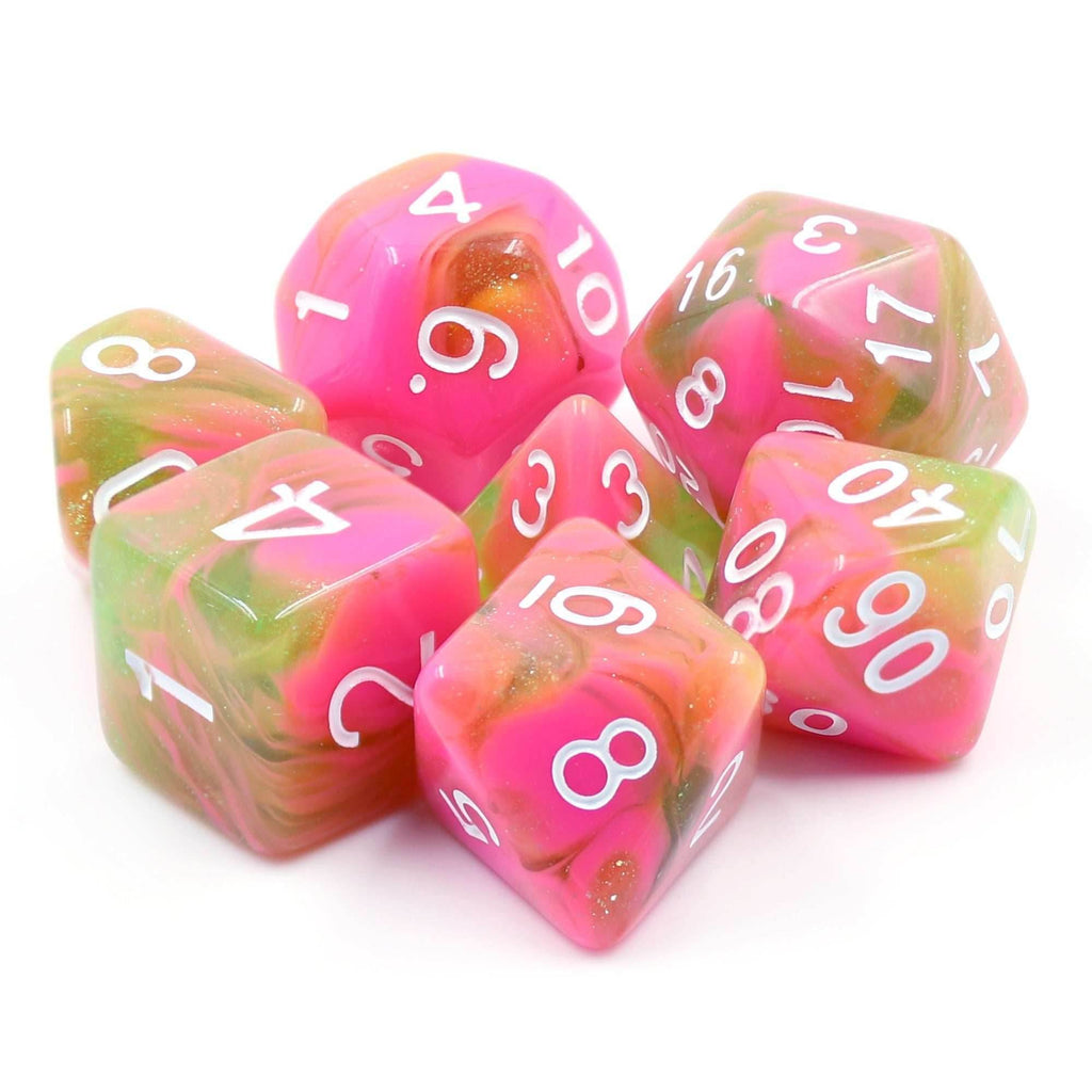 Apple Taffy Lime Green/Pink Glitter/Swirl 7-Dice Set by HendgaDice - 