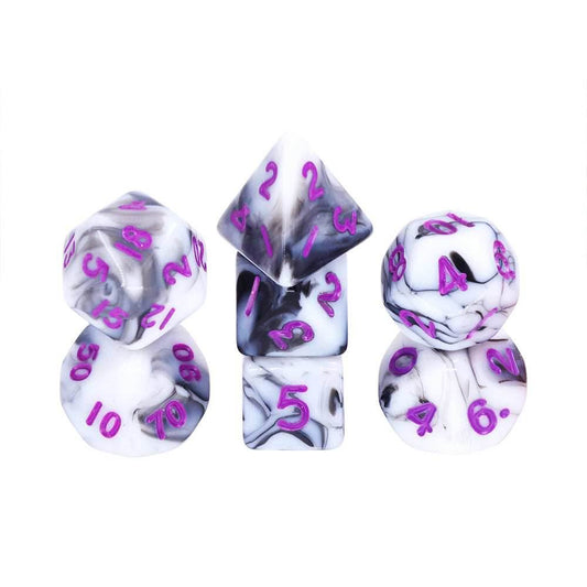 Black White Blend 7-Dice Mini-Dice RPG Set w/Purple Numbers Miniature Dice - 