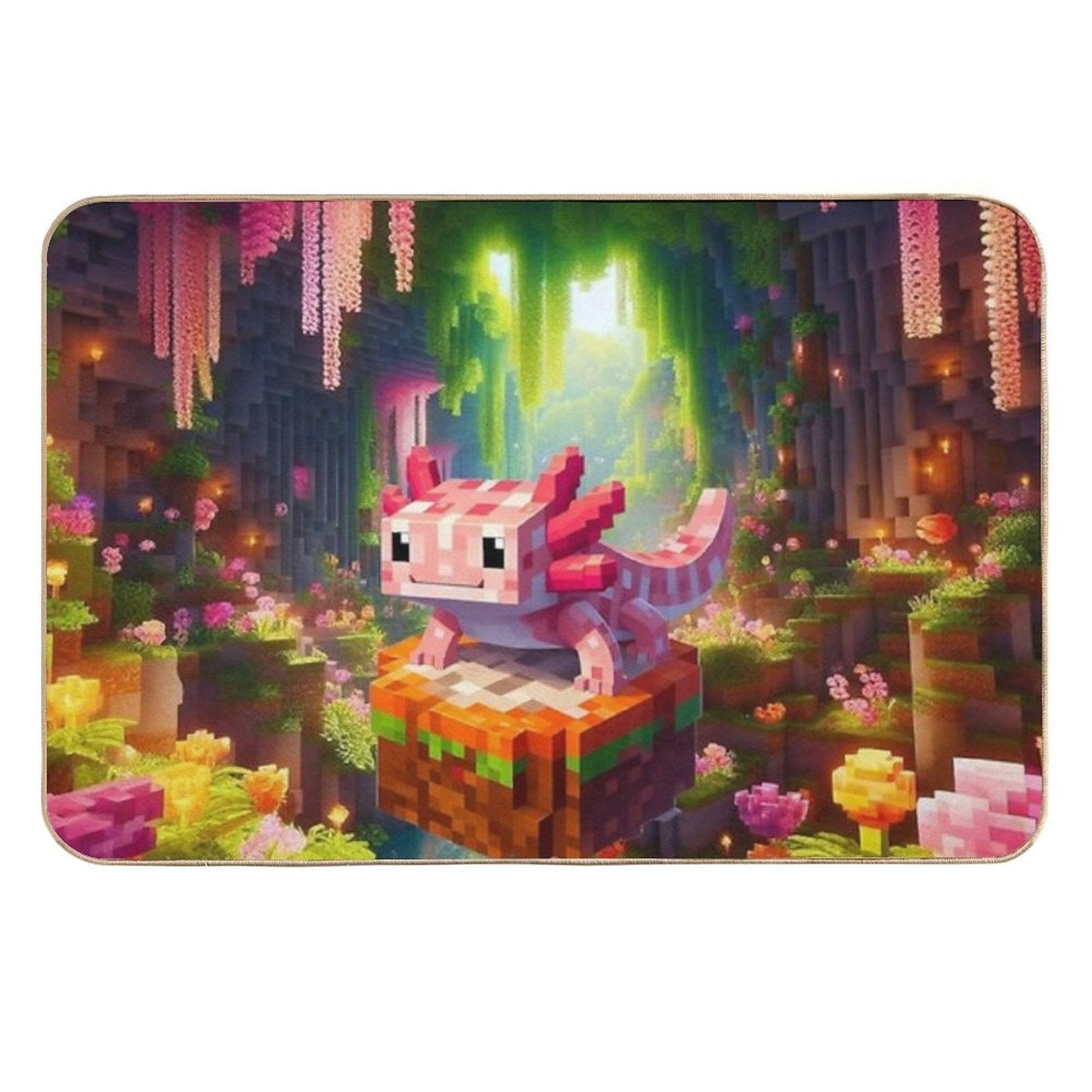 Cute Pink Minecraft Axolotl on Block  Slip-Resistant Bath Mat