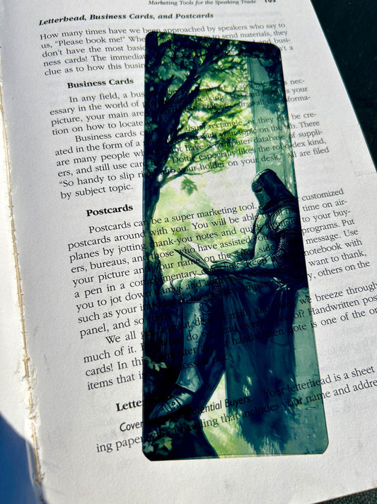 Knight Resting Under Tree Bookmark – Medieval Fantasy Armor Art, Peaceful Solitude Reading Gift for Book Lovers