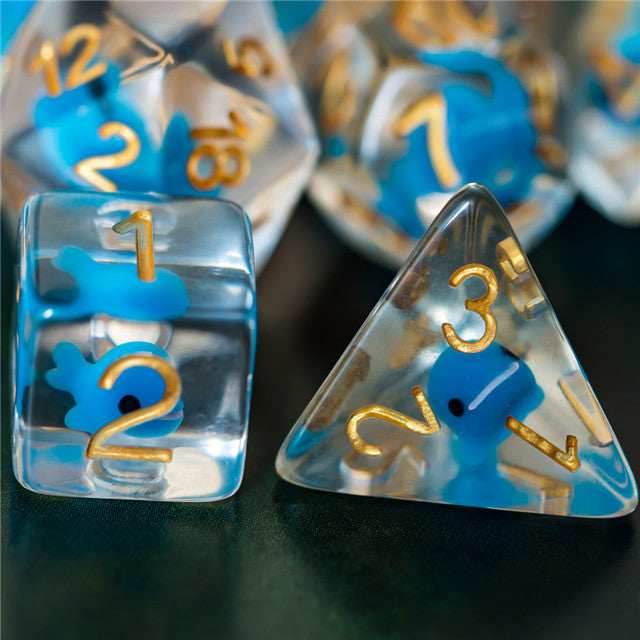 Blue Whale Dice Clear Dice w/ Blue Whales 7-Dice Set Rpg - 