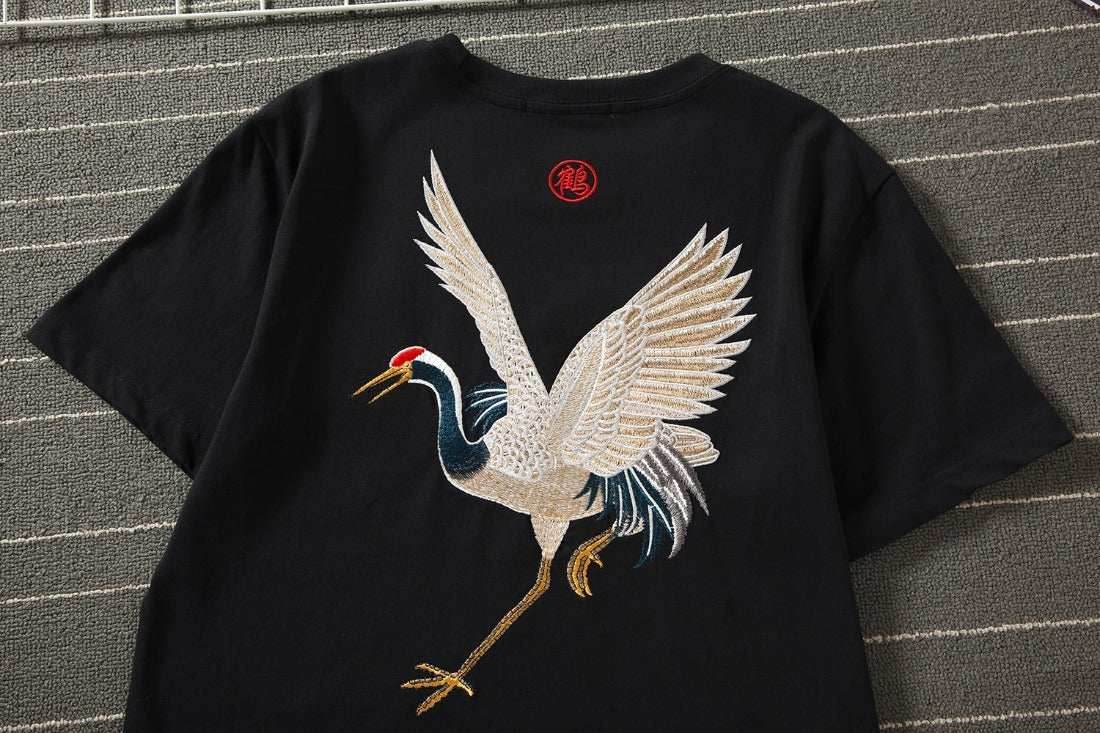 KH858 Flying Crane Embroidery Tee - black / S