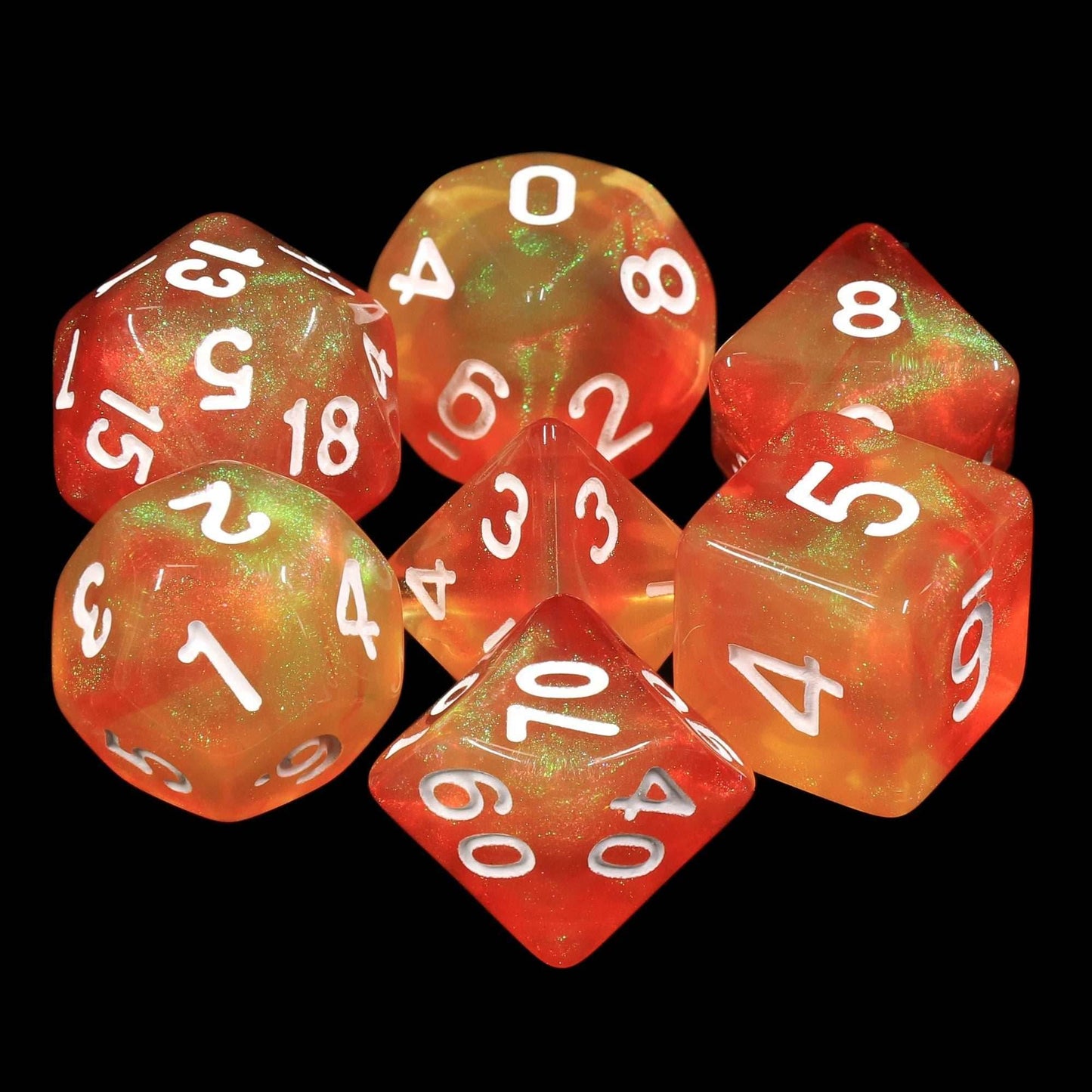 Walking the Sun Orange/Yellow Glitter 7-Dice Set by HendgaDice - 