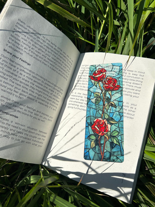 Red Rose Stained Glass Bookmark – Elegant Floral Bookmark, Gothic Victorian Page Marker, Beauty and the Beast Inspired Gift, Book Lover