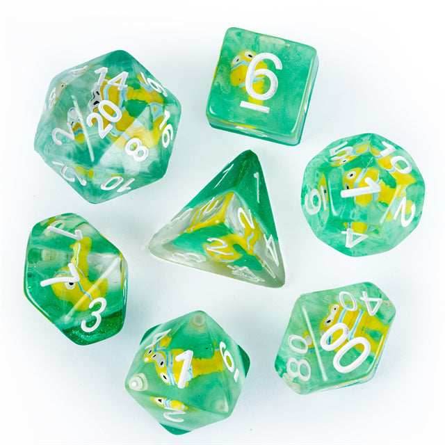 Gold Fish Green 7-Dice Dnd Dice | Glitter w/White Numbers Set - 