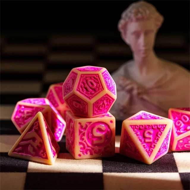 Off-White with Pink Irregular Pattern Fill: 7-Piece Acrylic Dice Set - 
