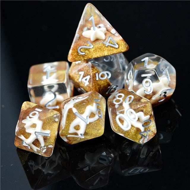 White Starfish Dice on Gold 7-Dice Set Resin Dungeons and Dragons Dice - 