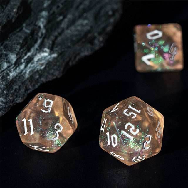 Peach Glitter Party Glitter Dice (White font) 7-Dice Set RPG DND - 
