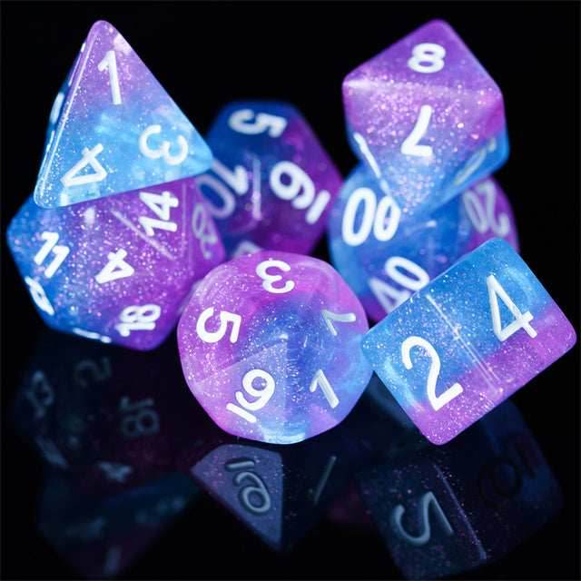 Purple Blue Two Tone 7-Dice Dnd Dice | Glitter w/White Numbers Set - 