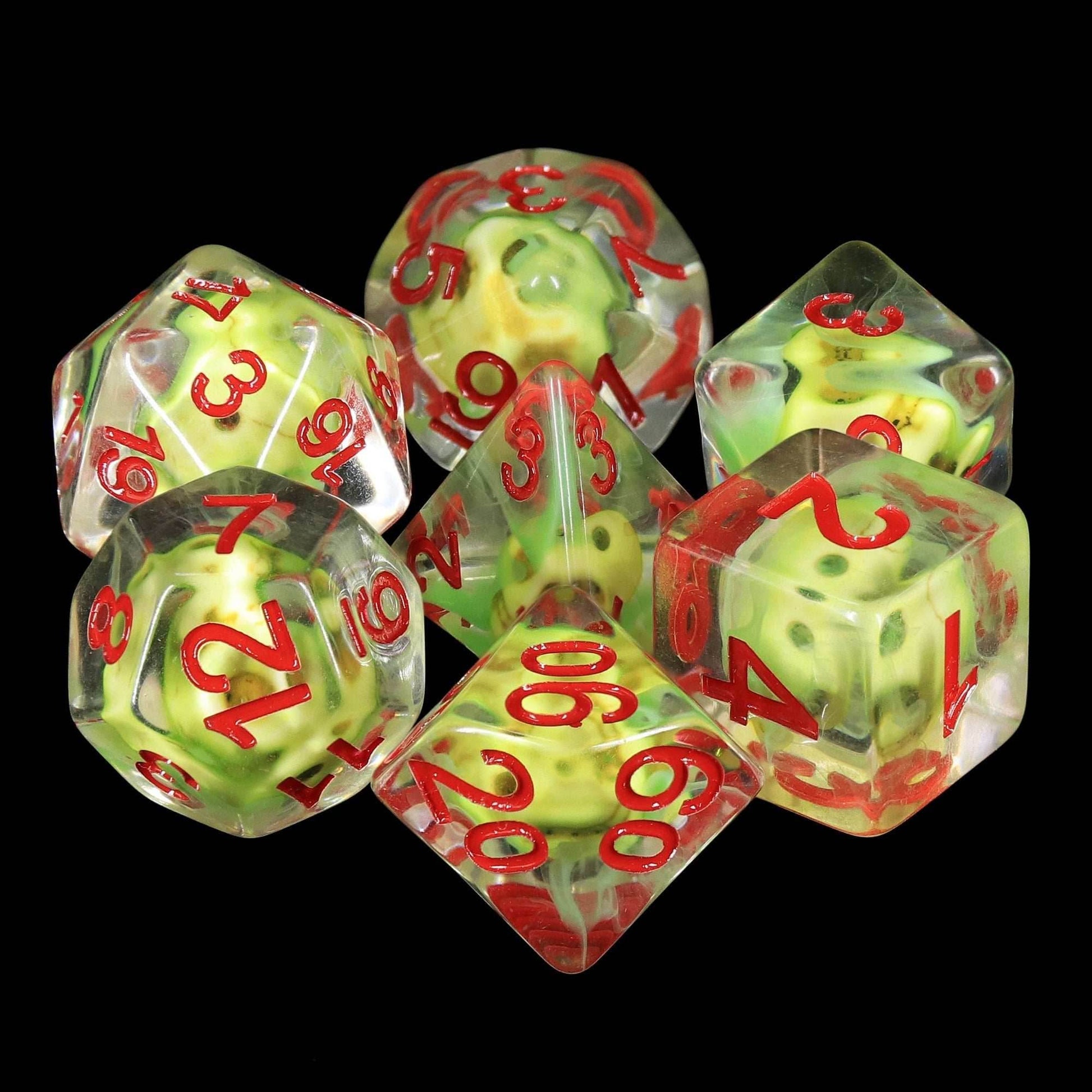 Sulfur Skull Dice Green/Red Halloween Resin 7-Dice - 