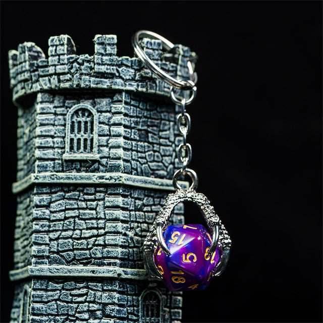 Claw Blended Purple D20 Keychain Featuring Silver Metal Dragon Claw + d20 - 