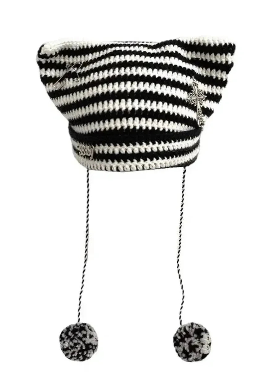 'Grunge Cat' Kawaii Knitted Striped Cat Ear Hat