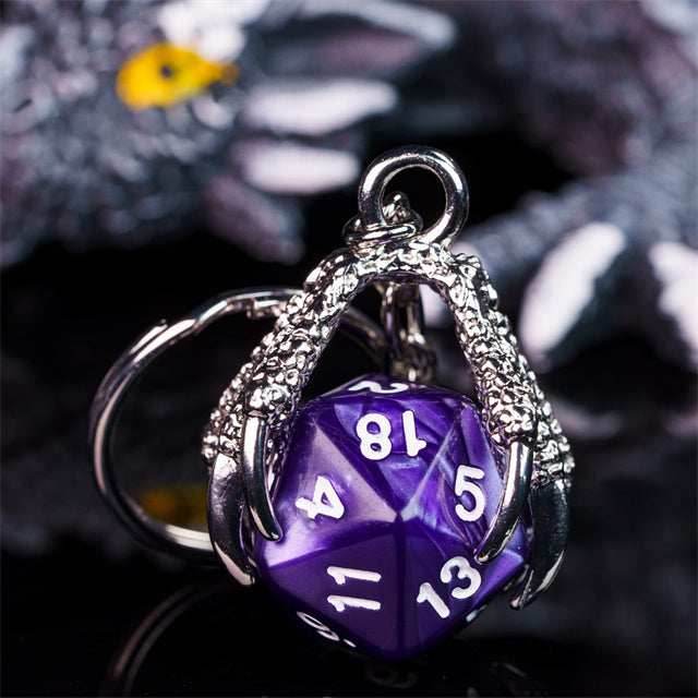 Claw Purple D20 Keychain Featuring Silver Metal Dragon Claw + d20 - 