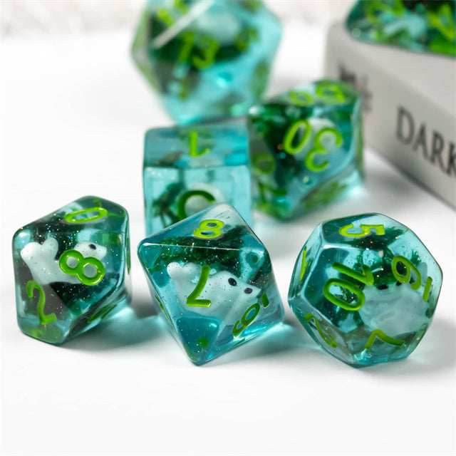 White Fish Seaweed 7-Dice Set w/Green Numbers Dnd Dice Set - 