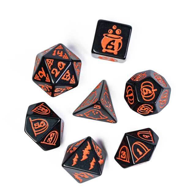 Halloween Black w/Orange | Pumpkin/Ghost/Bat/Cauldron 7-Dice Set DND - 
