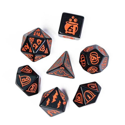 Halloween Black w/Orange | Pumpkin/Ghost/Bat/Cauldron 7-Dice Set DND - 