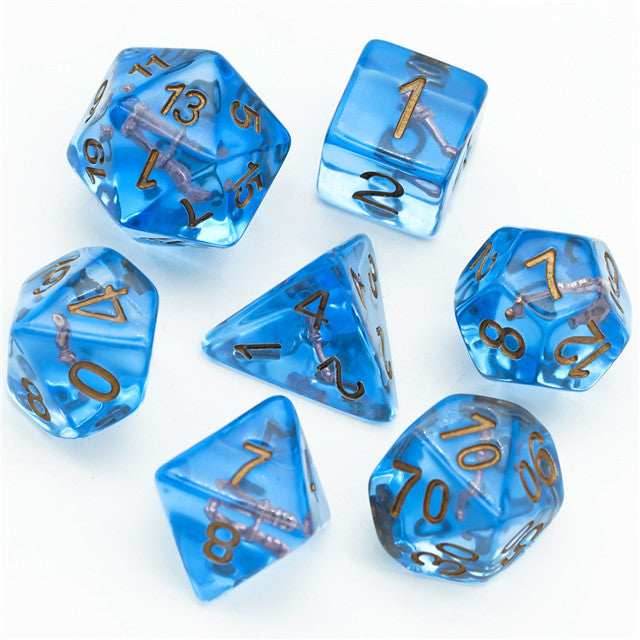 Wizard (Magic Wand) Clear Blue Dice w/ Golden Wand 7-Dice Set Rpg - 