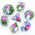 Pink Mushroom Dice Clear Green Vine w/Lavender Numbers 7-Dice Set Rpg - 