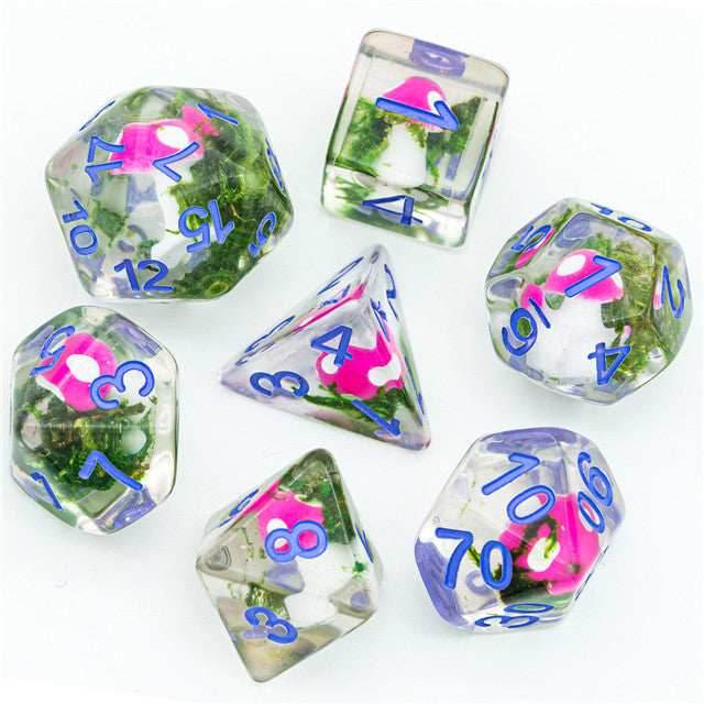 Pink Mushroom Dice Clear Green Vine w/Lavender Numbers 7-Dice Set Rpg - 