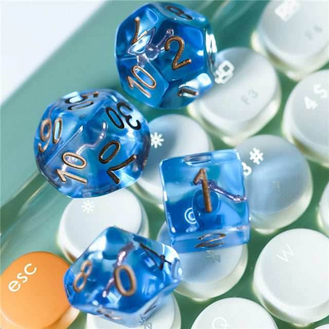 Wizard (Magic Wand) Clear Blue Dice w/ Golden Wand 7-Dice Set Rpg - 