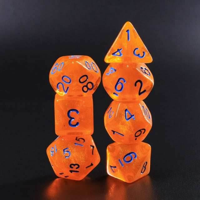 Pumpkin's Orange Glitter with Blue Numbering 7-Dice Set RPG - 