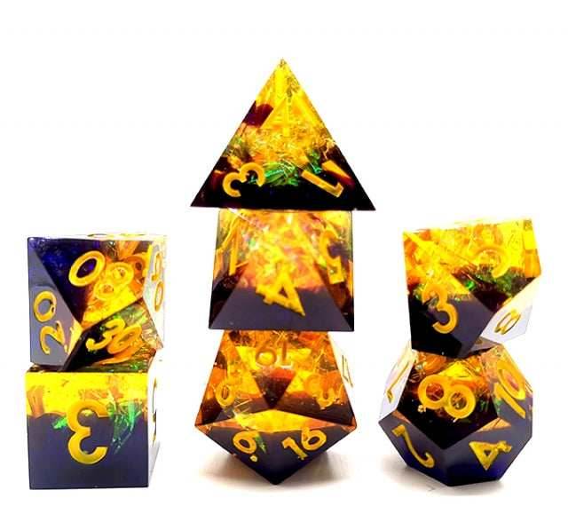 Starry Sky Yellow w/ Purple Shimmer 7-Dice Set Resin Sharp Edge RPG DND - 