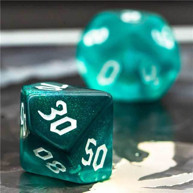 Blue-Green Glitter Party Dice (White font) 7-Dice Set RPG DND - 