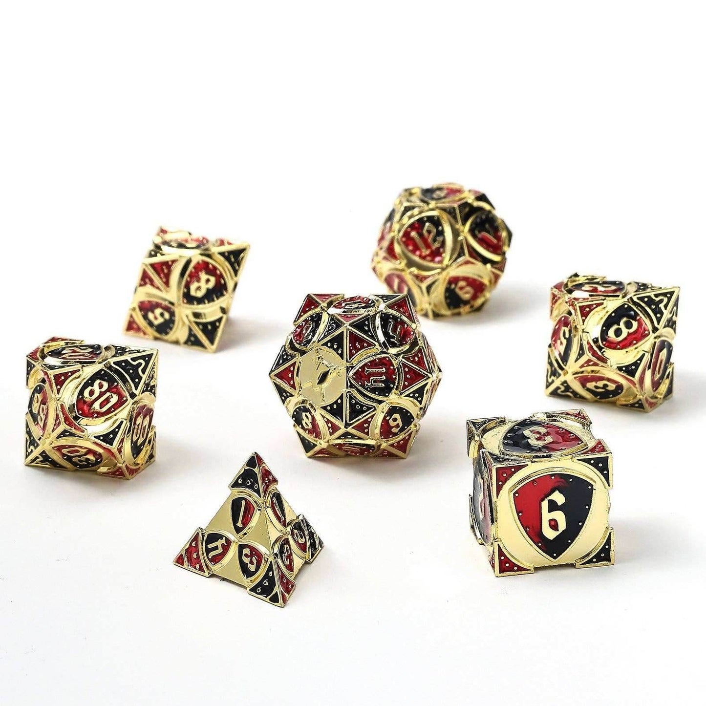 Solid Metal Fighter Class RPG Dice Set - Gold w/ Red & Black - 