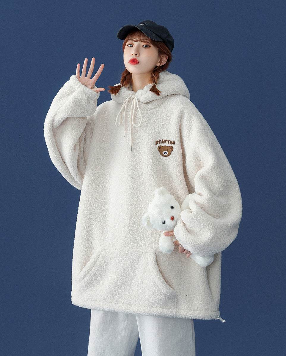 Women's Furry Teddy Bear Hoodie - White / S