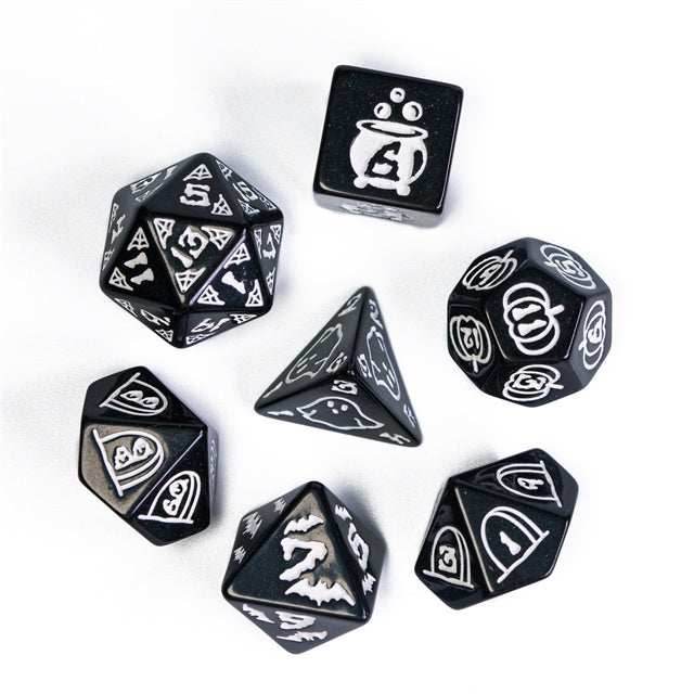 Halloween Black w/White | Pumpkin/Ghost/Bat/Cauldron 7-Dice Set DND - 