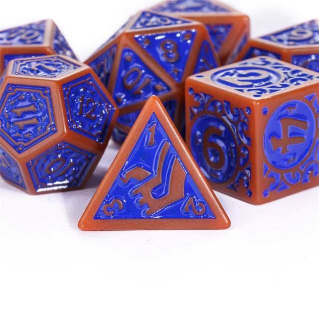 Burnt Orange with Blue Irregular Pattern Fill: 7-Piece Acrylic Dice Set - 