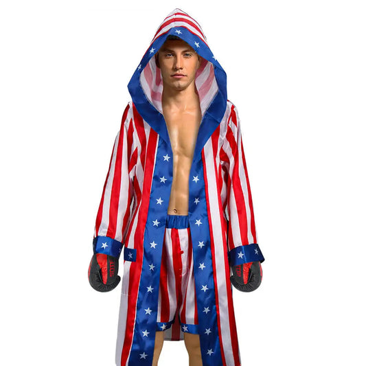 Adult American Flag Boxing Costume with Robe Short Rocky Balboa Boxing Independence Day Cosplay Bathrobe Takerlama