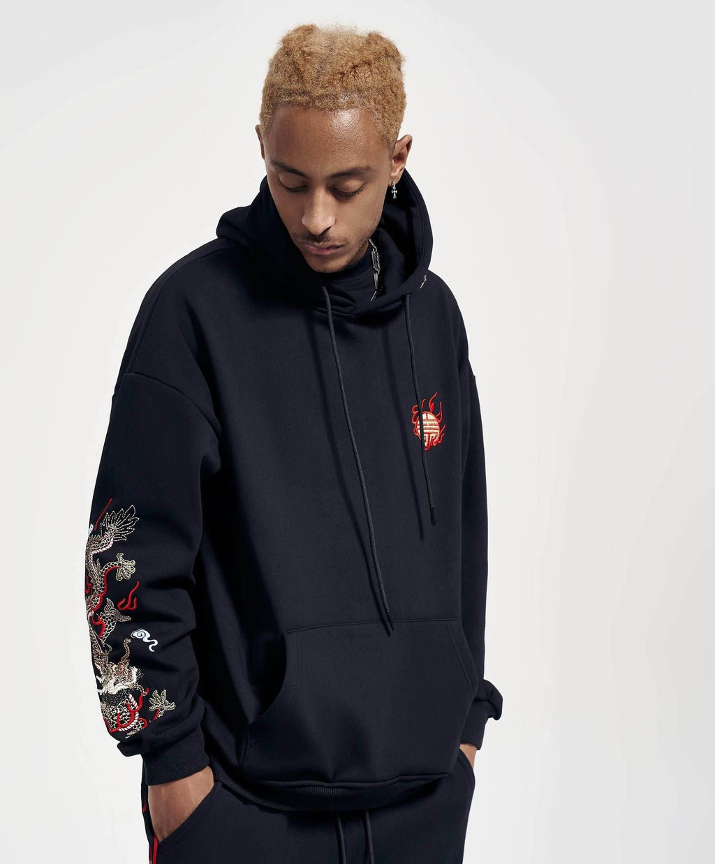 KH9190 Dragon Embroidery Hoodie - Black / S