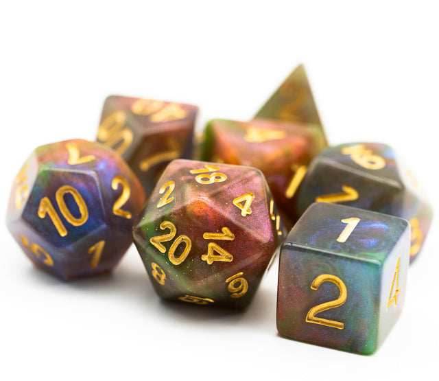 Purple & Green w/gold Galaxy Glitter 7-Dice Set RPG - 